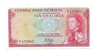 Malta 10 Shillings 1967 (1968) VF+ CRISP Banknote QEII P 28  