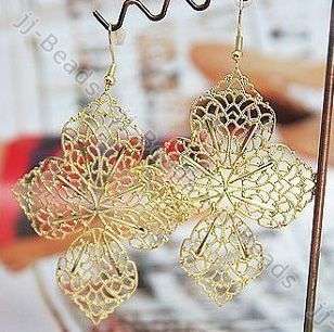 Korean Style Gold Tone Big Hollow Clover Flowers Leaves Dangle Hook 
