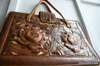 VTG leather cream rust cut work tooled Mexican shoulder handbag purse 