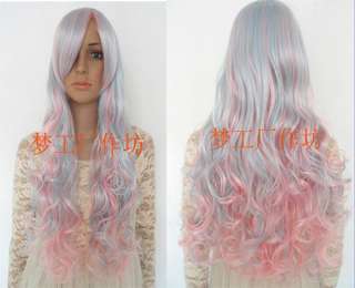 2012 Fashion Cosplay Long Baby blue & Pink Mixed curly heat resistant 