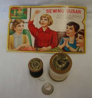 Vintage Clarks Wooden Spool Cotton Thread Thimble Sewing Susan Needles 