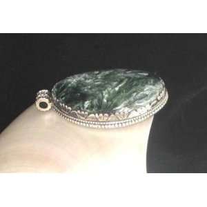  GLOWING LARGE GREEN SERAPHINITE STERLING PENDANT 