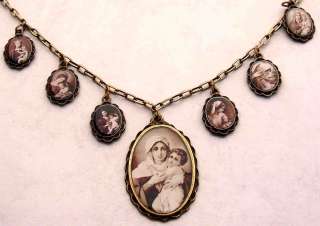 Vintage Bronze Saint Madonna Virgin Mary Child Necklace  