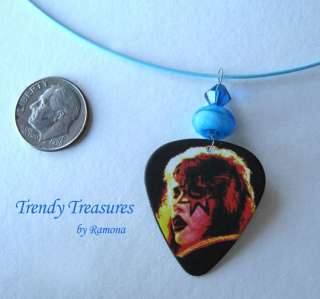 KISS Ace Frehley Guitar Pick Necklace Artisan, Blue Coated Wire 