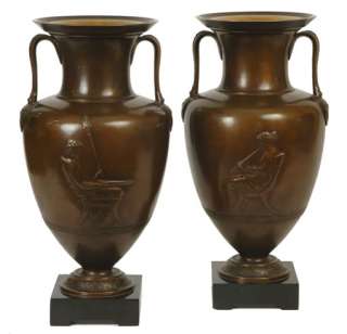 Pair Antique Bronze Greek Revival Amphora Vases Jars  
