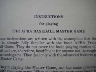 Vintage 1987 APBA Baseball Master Game W/Extras  