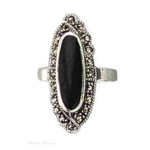    Sterling Silver Marcasite Elongate Black Onyx Ring Size 5 Jewelry