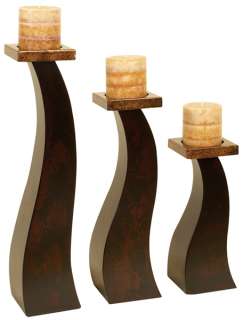 Three Tall Contemporary Wood Pillar Candle Holders S/3  