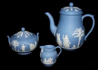   Blue Jasper Ware Coffee Pot, Lidded Sugar Bowl & Small Creamer  