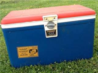Vtg Poloron Camping Picnic Beer Cooler Ice Box Chest Red Blue Metal 