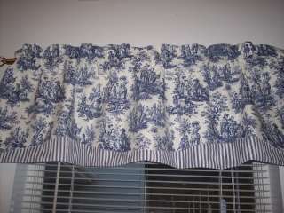 NAVY BLUE ON WHITE~WAVERLY Rustic Toile Scalloped/Stripes Lined 