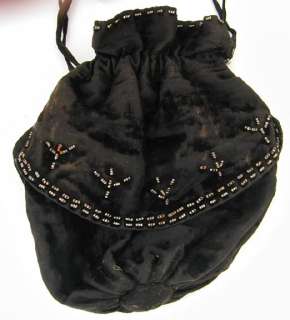 Victorian Drawstring Purse Black Velvet Cut Steel Beads Paisley Lining 
