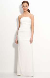 Nicole Miller Pintucked Crêpe de Chine Strapless Gown  