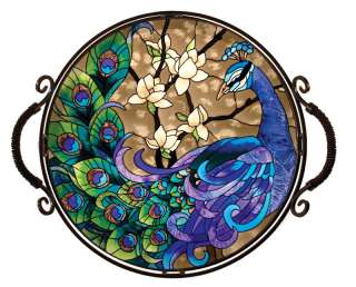 GORGEOUS * PEACOCK * BEVELED STAINED GLASS ART TRAY  