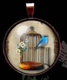 Vtg Blue Bird Cage Charm Glass Necklace Pendant VMB017  