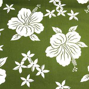   Hawaiian, Cotton Fabric, White Hibiscus & Plumeria on Olive Green, BTY