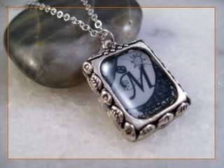 Initial M Letter Square Silver Frame Charm Pendant Necklace  