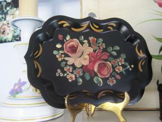  Vintage Hand Painted Dresser Tole Tray  Pink Victorian Design Roses