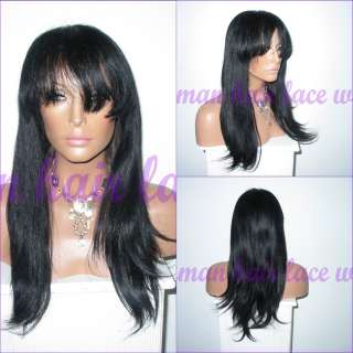   Long Silky Straight Indian Remy Human Hair Lace Wigs with Bangs New