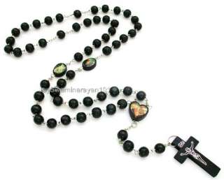 Mens Wooden Cross Beaded Black Rosary Necklace 30  