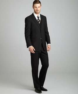 Tommy Hilfiger black wool 2 button three piece suit with flat front 