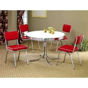   5pcs Retro White Round Dining Table & 4 Red Chairs Set: Home & Kitchen