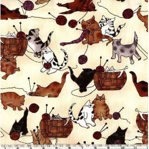  45 Wide Cats Knitting Cream Fabric By The Yard: Arts 