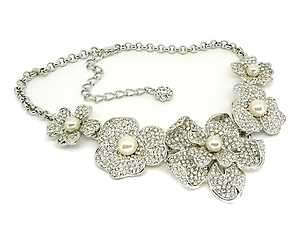 Kenneth Jay Lane KJL Crystal & Pearls Flower Necklace  