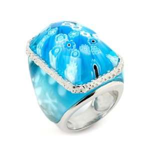 Murano Grand Collection Faceted Light Blue Rectangular Glass Dome Ring 