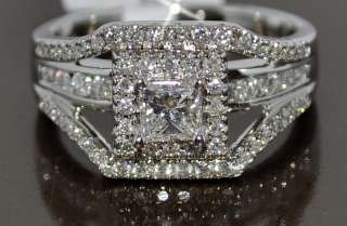 PRINCESS CUT DIAMOND RING WEDDING SET 1.4CT WHITE GOLD 3 IN 1 HALO 