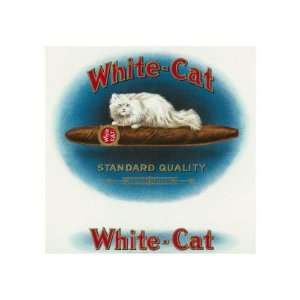  White Cat Brand Cigar Box Label, Persian Cat Vintage Art 