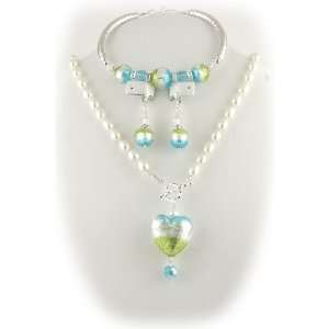   Glass Heart Pendant Bracelet Earrings Freshwater Pearl Lariat Necklace