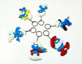 The Smurfs Toy Rubber Key Chain Ring 6X Smurf Keychain TG0918  