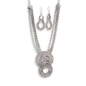  Silver Tone Circle Knotted Necklace Dangle Earrings Set Jewelry