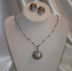 Stunning Blue Moonstone & Rhinestone Pendant Necklace & Earring Set 
