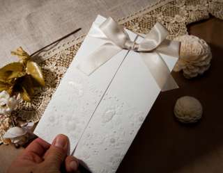 100Set Brown Ribbon Wedding Invitations Cards+Envelopes Silk Printing 