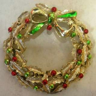 Vintage Holly Christmas Wreath Pin Brooch Signed  