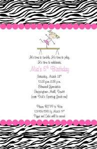 Gymnastic Girl Zebra Birthday Party invitation tumble  